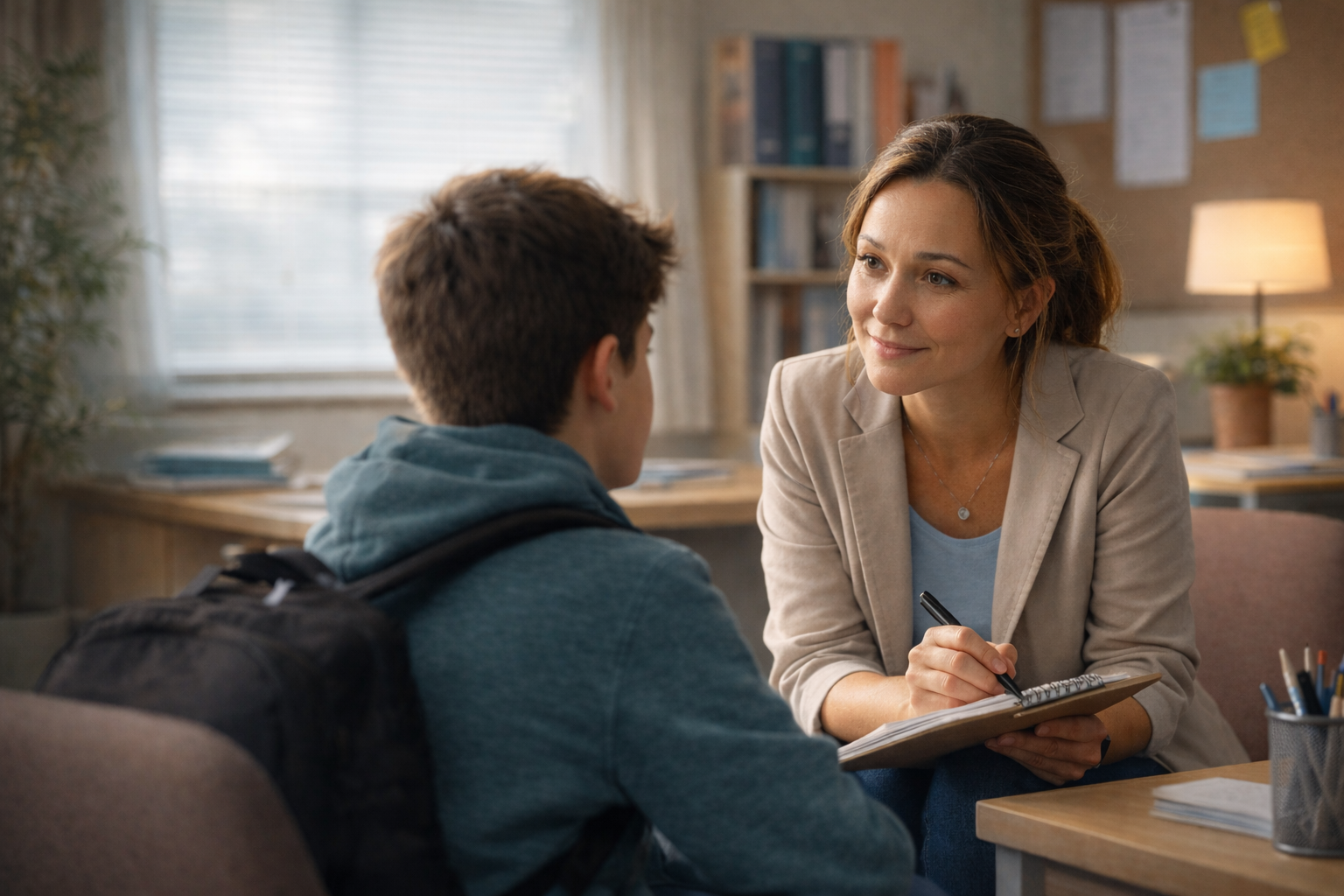 Consejera hablando con un estudiante en un entorno escolar seguro